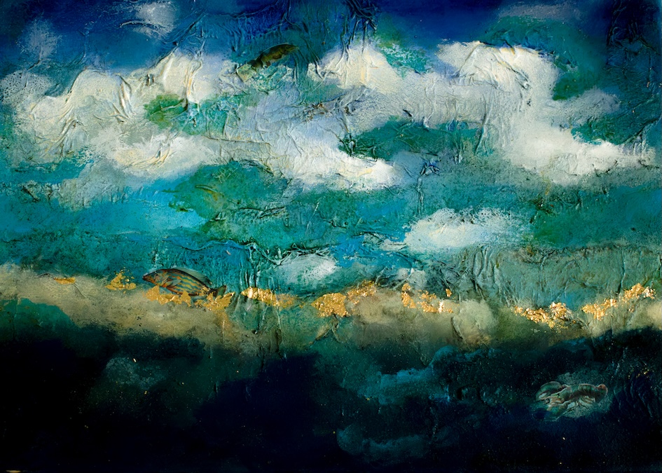 Crazy Sea — abstraktes Gemälde in Blau und Türkis mit weissen Wolken und goldenen Akzenten